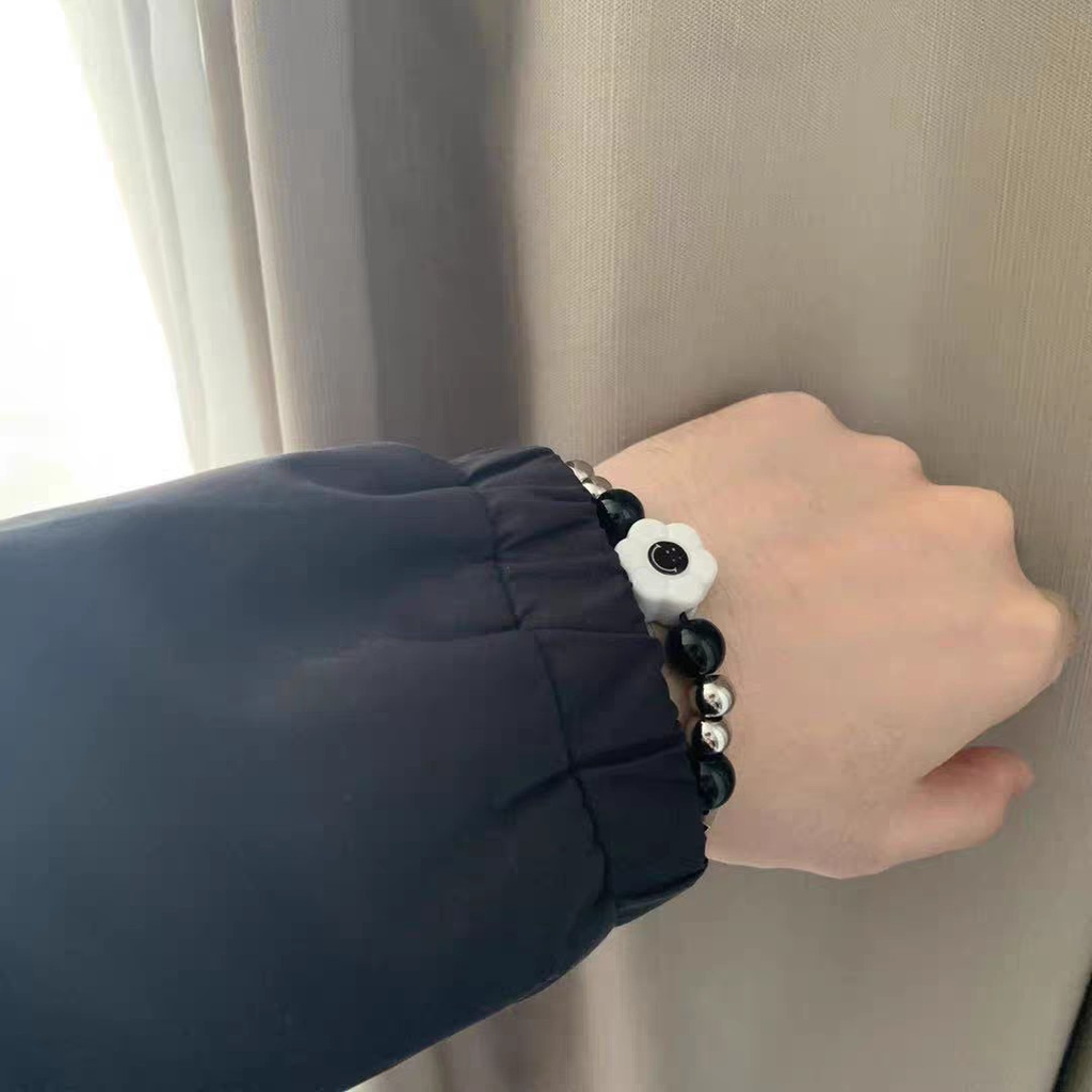 Vòng Tay Chuỗi Hạt Ngọc Trai Đen Mặt Hoa Hướng Dương Mặt Cười Phong Cách Nhật Hàn Quốc