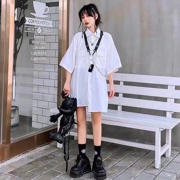 Áo Sơ Mi Tay Ngắn Dáng Rộng Phối Dây Xích Thiết Kế Độc Đáo Phong Cách Hip Hop Thời Trang Cho Nam Và Nữ 2022