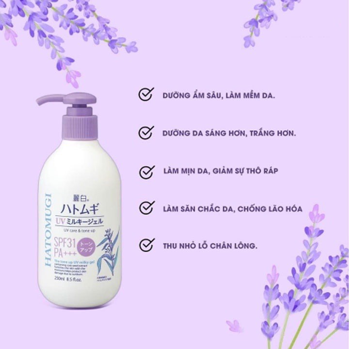 Sữa Dưỡng Thể Chống Nắng Nâng Tone 250ml Và Kem Chống Nắng Nâng Tone Hatomugi The Tone Up UV Milky Gel Hatomugi 70g