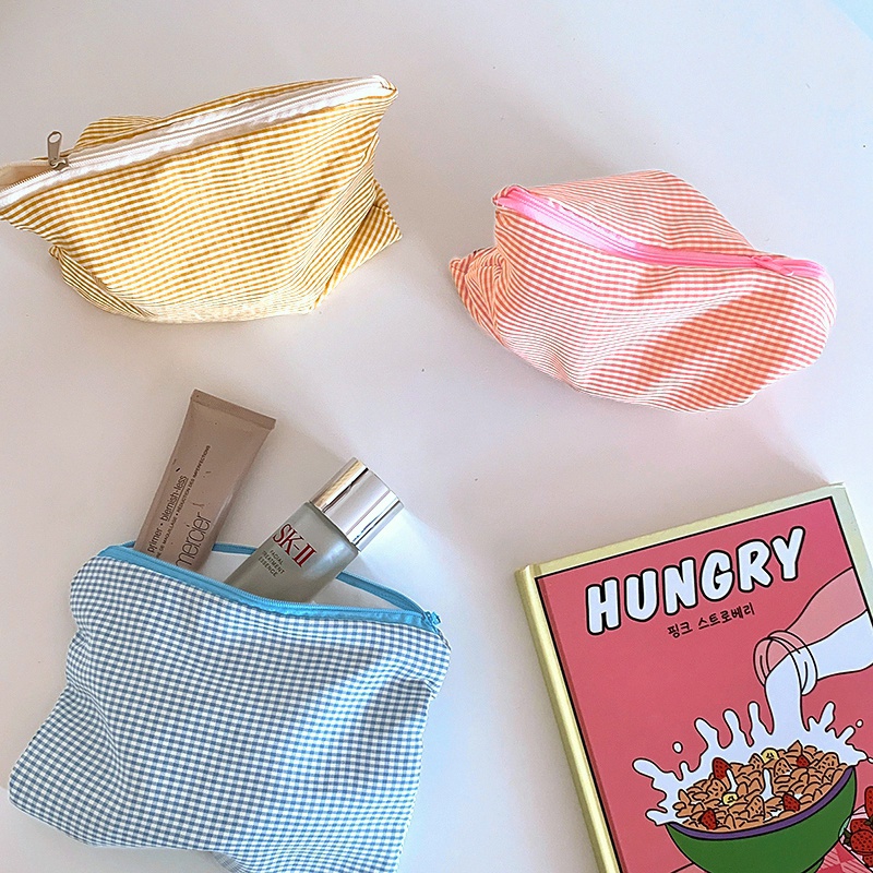 Túi Đựng Đồ Trang Điểm Đa Năng Họa Tiết Sọc Caro Phong Cách Hàn Quốc