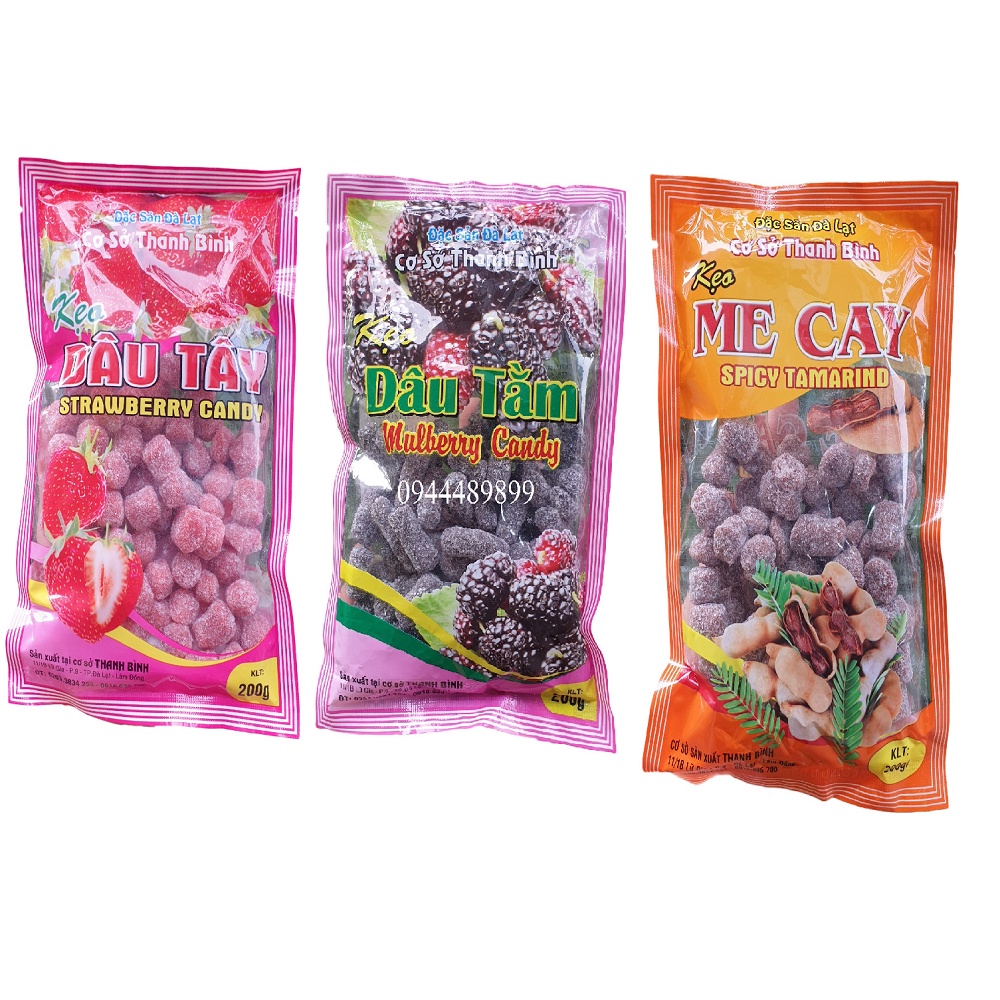 Kẹo mứt dâu tằm - dâu tây - me cay gói 200g - Đặc sản Đà Lạt - bánh kẹo ăn vặt ngon
