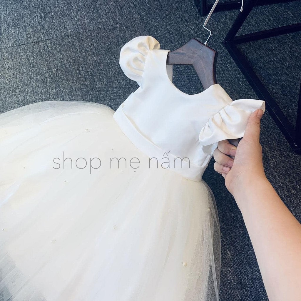 Đầm bé gái dáng xòe nơ lưng phi lụa mix ren mềm đính ngọc - Shop Mẹ Nấm