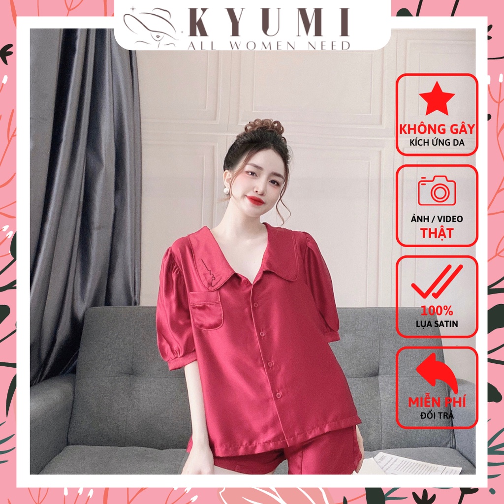 Đồ ngủ tiểu thư tay ngắn cổ thêu KYUMI OFFICIAL, chất liệu lụa satin cao cấp mềm mịn, freesize 40-60kg tùy chiều cao 038