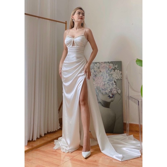 MS1253y ĐẦM DẠ HỘI 2 DÂY PHỐI TÀ NGOÀI KẾT CƯỜM