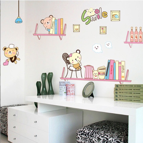 Decal trang trí tường - Những chú gấu dễ thương trên chiếc kệ sách