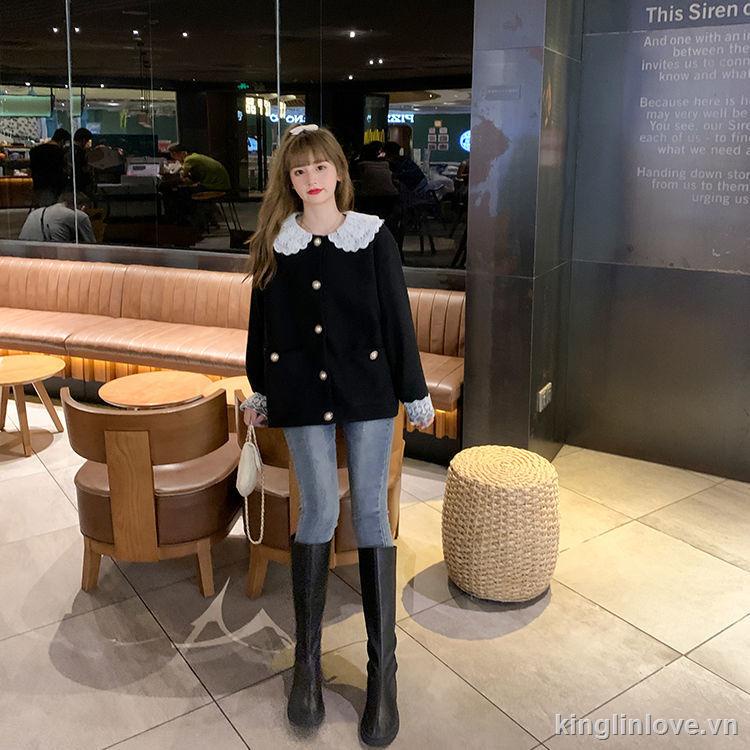 ❤Nước hoa quà tặng❤Đen Áo Khoác Cardigan Tay Dài Dáng Rộng Phối Ren Thời Trang Cho Nữ