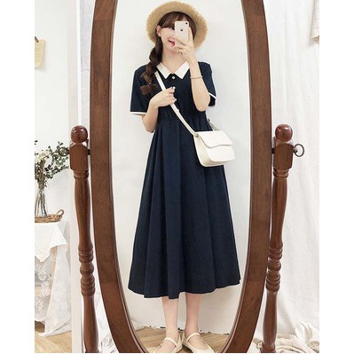 Đầm polo đen viền cổ trắng Váy ngắn tay đi học