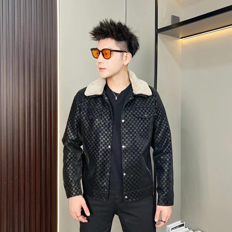 Áo khoác da nam gucciii cổ lông mẫu mới 2023