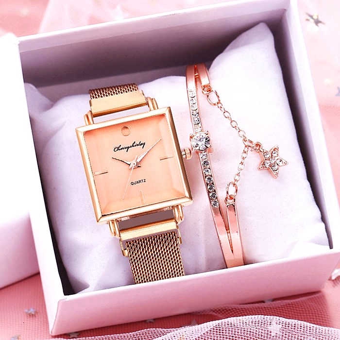 【Watch+Bracelet】Women Magnet Buckle Square Bracelet Watches Set Luxury Ladies Wristwatch