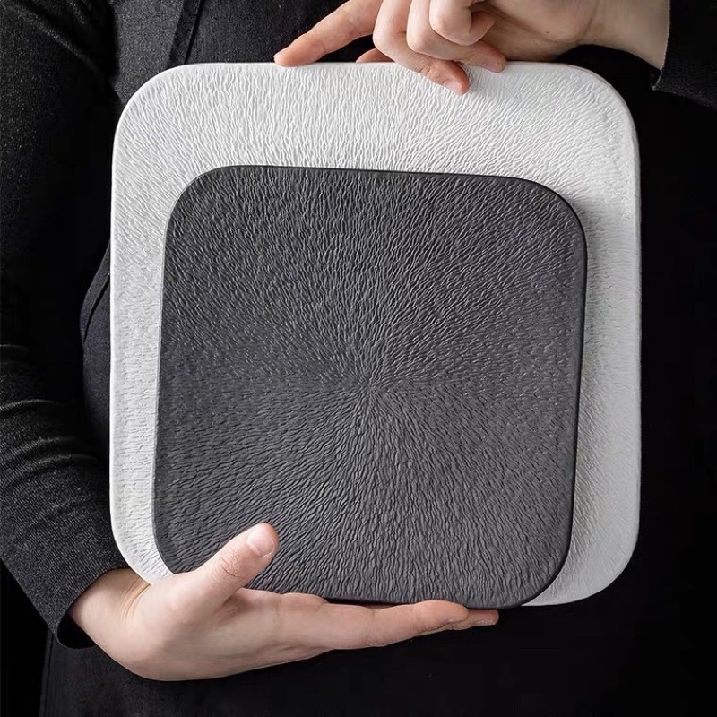 Đĩa sứ vuông Vân sần Sarang 2 màu trắng đen, Đĩa sứ nhà hàng cao cấp