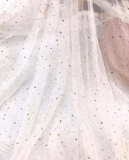 Vải lưới đính trăng sao trắng / đen / hồng / xanh / đỏ chụp nail. làm phông nền background chụp ảnh, may váy công chúa