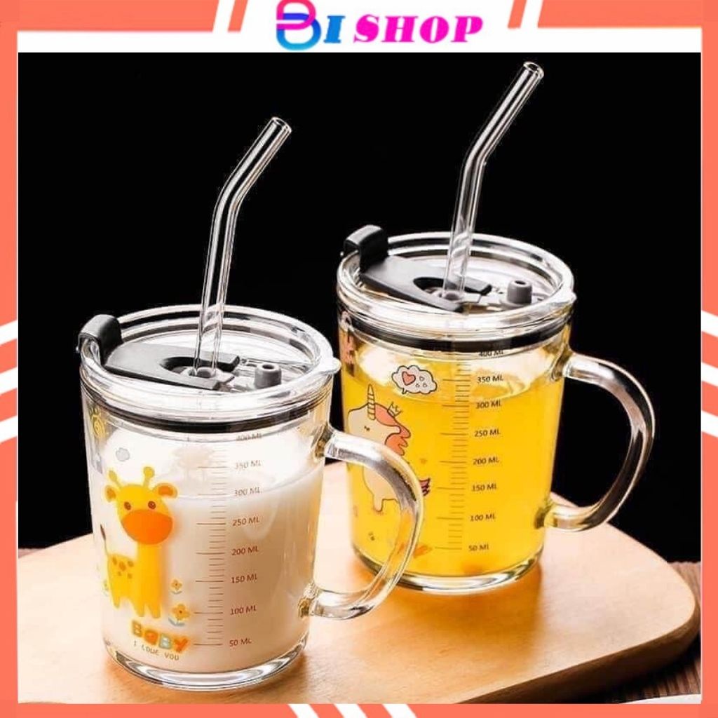 CỐC PHA SỮA THUỶ TINH CÓ VẠCH CHIA ML KÈM ỐNG HÚT