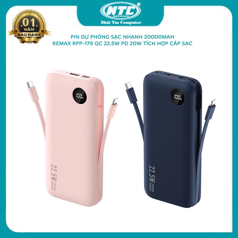Pin dự phòng sạc nhanh Remax RPP-179 Journey Series 20000mAh tích hợp 2 cáp sạc - hỗ trợ PD và QC 22.5W (2 màu tuỳ chọn)