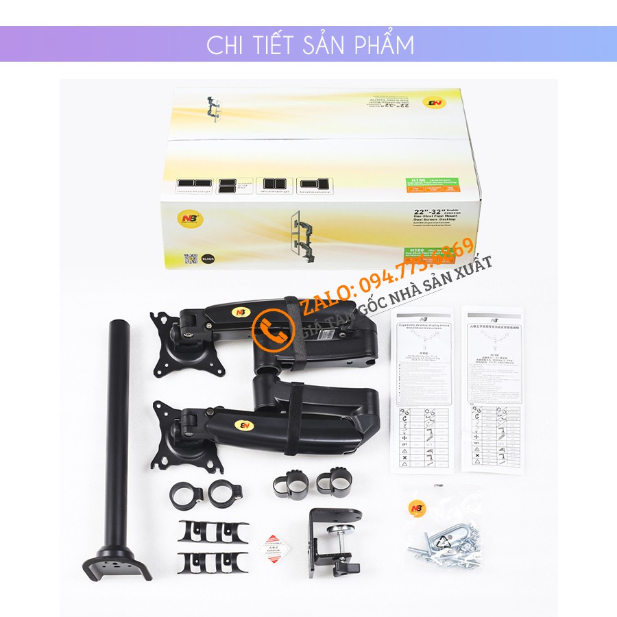 [Xếp Màn Trên Dưới] Giá Treo 2 Màn Hình NB H180 22 - 27 - 32 Inch New 2021 Gắn Bàn Xoay 360 Độ [ Ưu Việt Hơn NB F160 ]