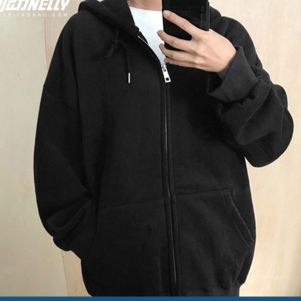 [Hàng có sẵn] Áo nỉ nelly hoodie kéo khóa đen trơn không in hình  unisex lót lông form rộng