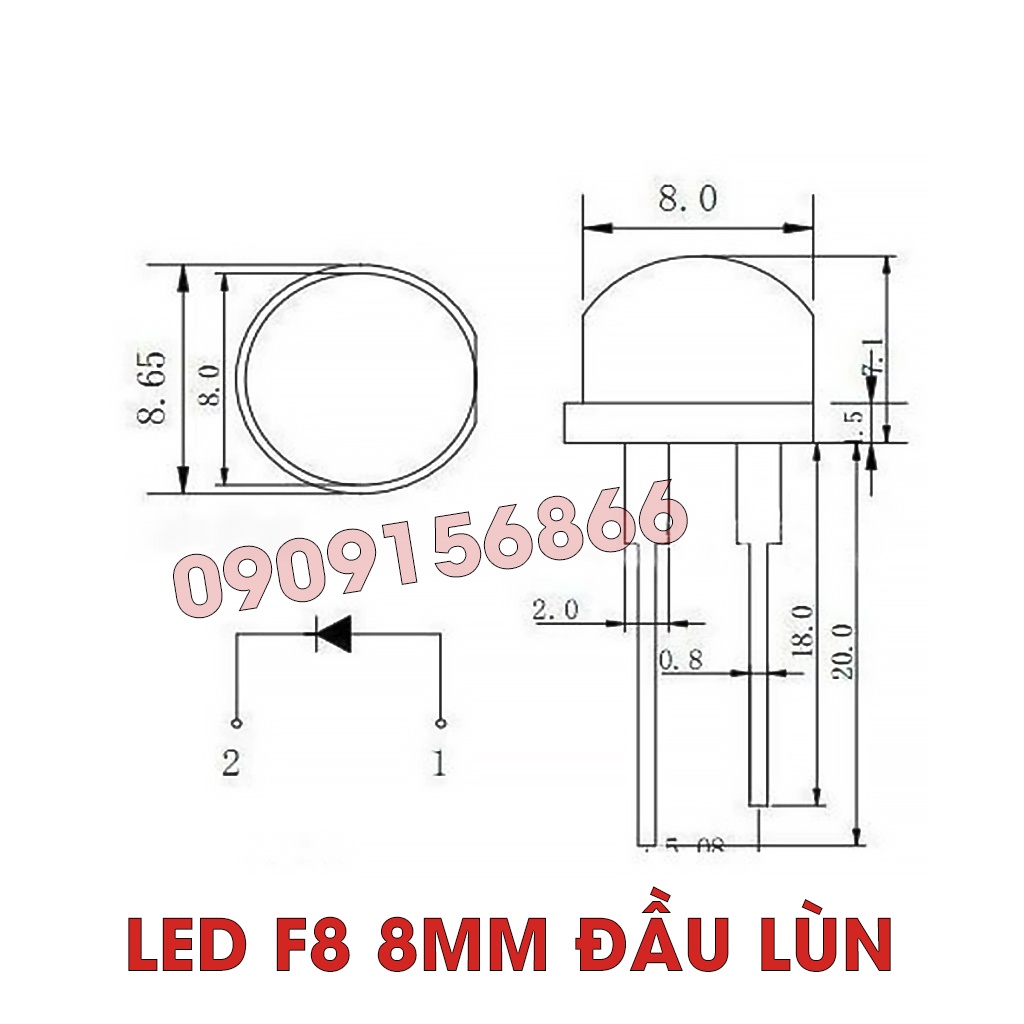 Đèn Led phi 8 f8 8mm lùn các màu
