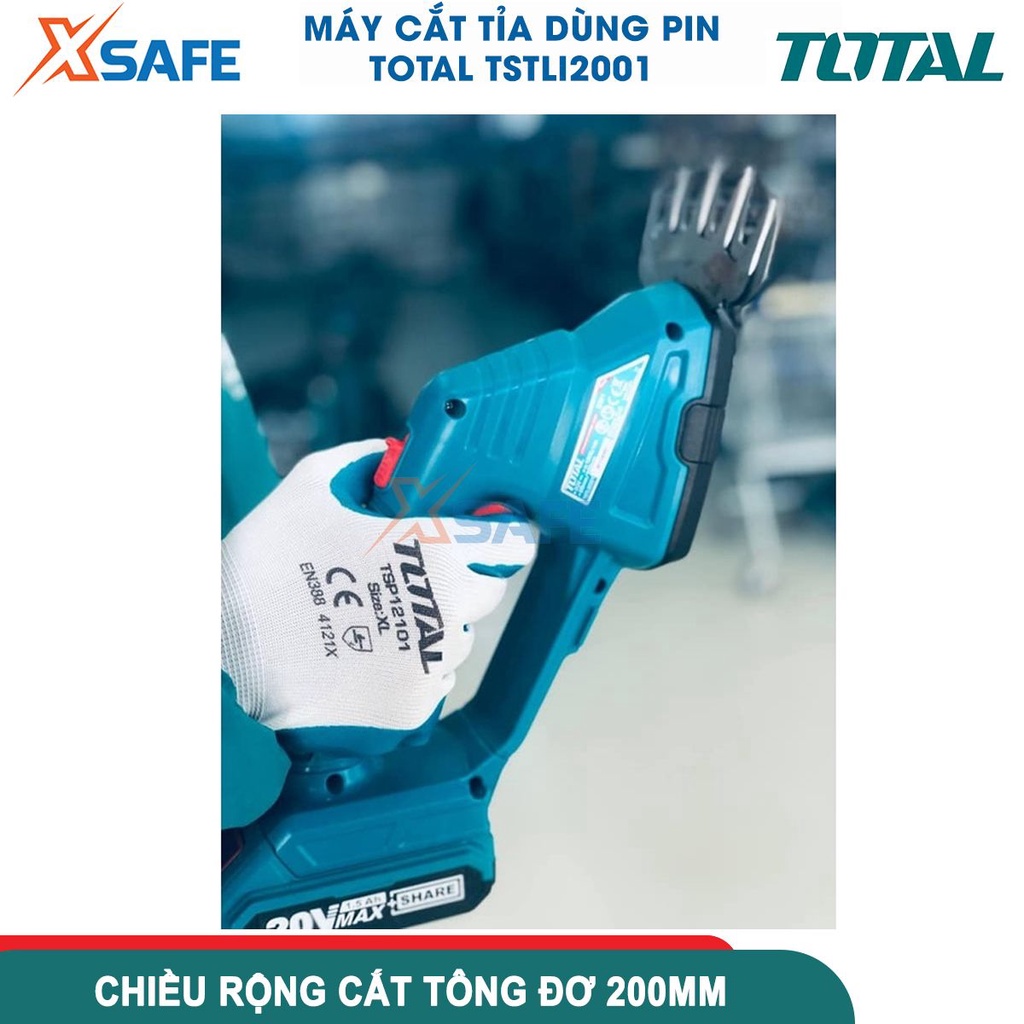 Máy cắt hàng rào dùng pin 20V TOTAL TSTLI2001, chiều rộng máy cắt của tông đơ 200mm,chiều rộng lưỡi cắt cỏ 100mm