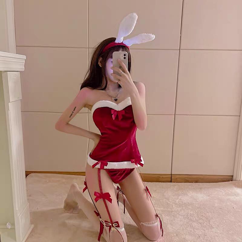 Bộ đồ sexy gợi cảm quyến rũ áo ống đỏ hở vai thu đông noel giáng sinh tết lông kèm băng đô + quần lót ulzzang tai thỏ nơ