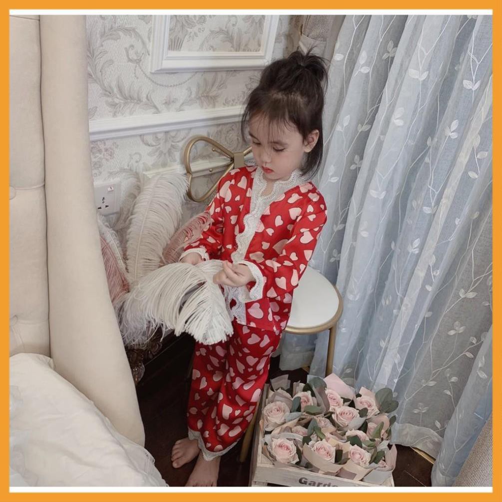 Bộ Ngủ Pijama Lụa Satin Viền Ren Hình Tim Cho Bé Gái 7-35Kg - Babi mama