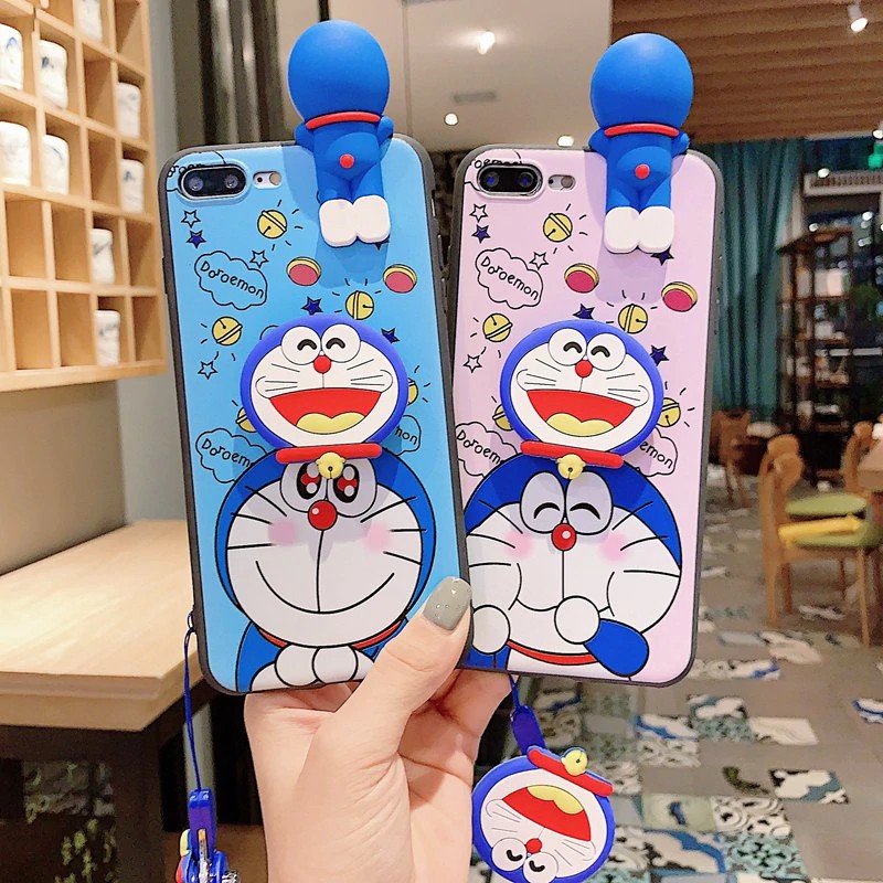 Ốp điện thoại mềm họa tiết Doraemon dễ thương có giá đỡ + dây đeo cho OPPO A79 A83 F11 A9 R9 Plus R9S R11