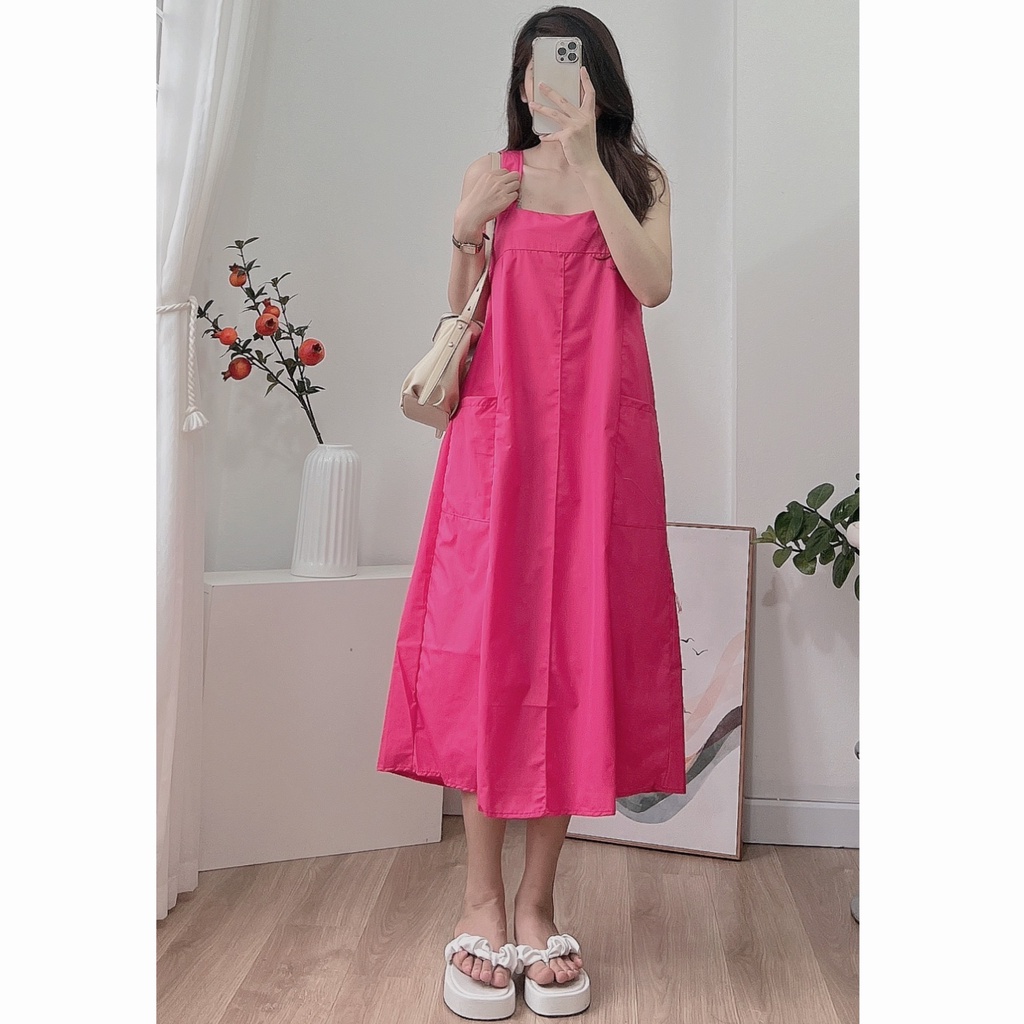 Váy 2 dây suông bản to cổ vuông dáng dài HV196, đầm tiểu thư đi biển xếp ly suông 2 túi to
