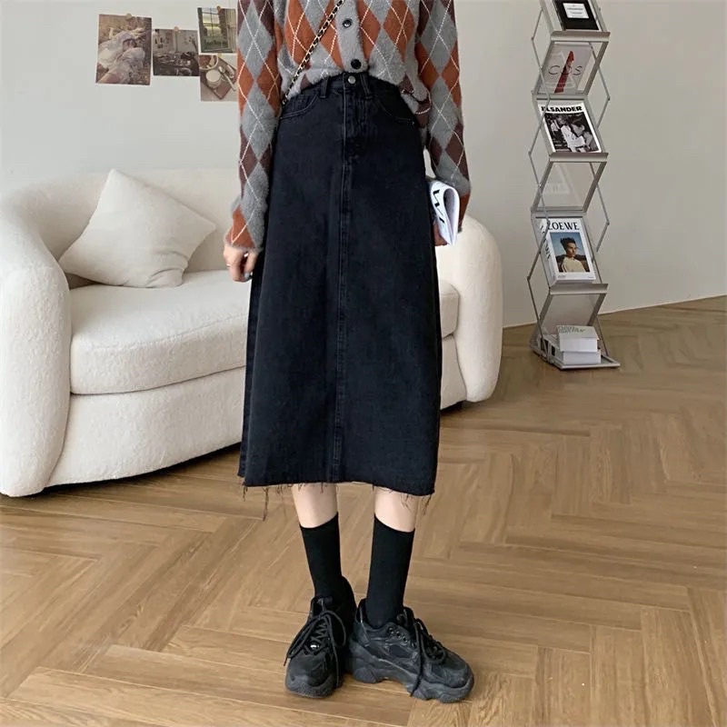 Chân Váy Jean Nữ Màu Đen Dáng Suông Chữ A Basic Phong Cách Vintage Ulzzang Hàn Quốc Chất Loại 1 Mềm Tay Rách Gấu