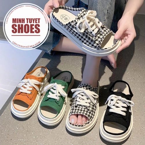 giày sục thể thao nữ hở mũi dép mùa hè đế bằng cao 3cm kiểu cột dây mẫu mới Minhtuyetshoes
