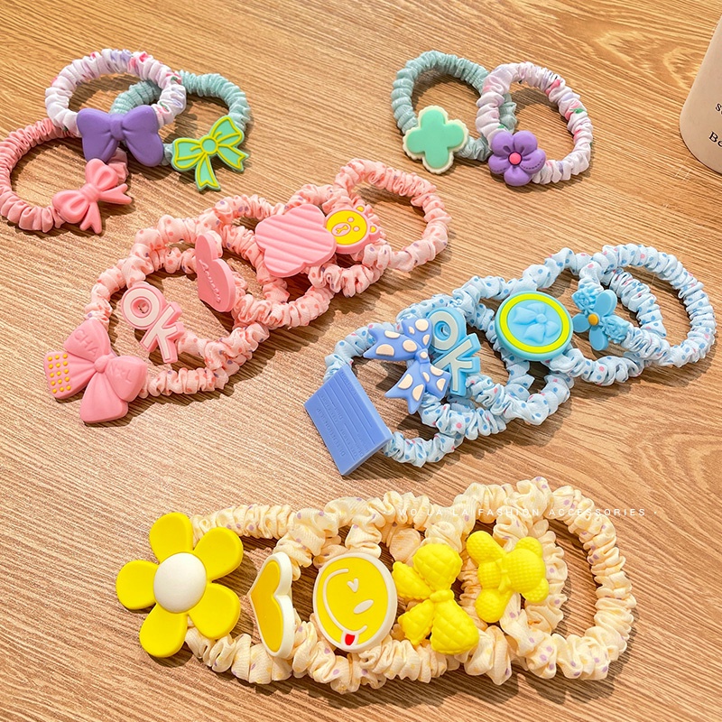 Set 5 Dây Buộc Tóc Cao Su Co Giãn Họa Tiết Hoạt Hình Đáng Yêu Phong Cách Hàn Quốc