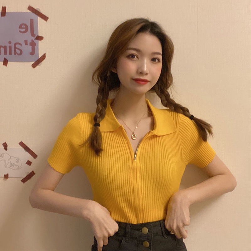 Áo Sweater Tay Ngắn Có Khóa Kéo Thiết Kế Mới Thời Trang Mùa Hè Theo Phong Cách Hàn Quốc Cho Nữ
