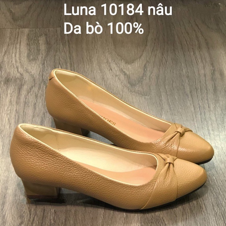Cao gót nữ 3p Lunashoes 5007 da thật mũi nhọn đế gót vuông có nơ màu đen, trắng, nâu hàng VNXK