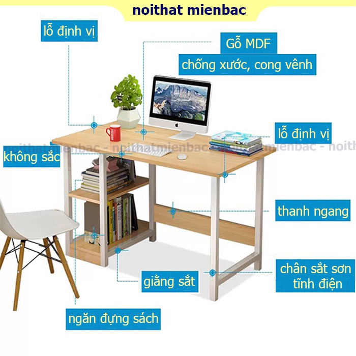 Bàn làm việc kèm kệ sách trái FUNA khung sắt sơn tĩnh điện mặt gỗ MDF cao cấp bàn có định vị sẵn các liên kết