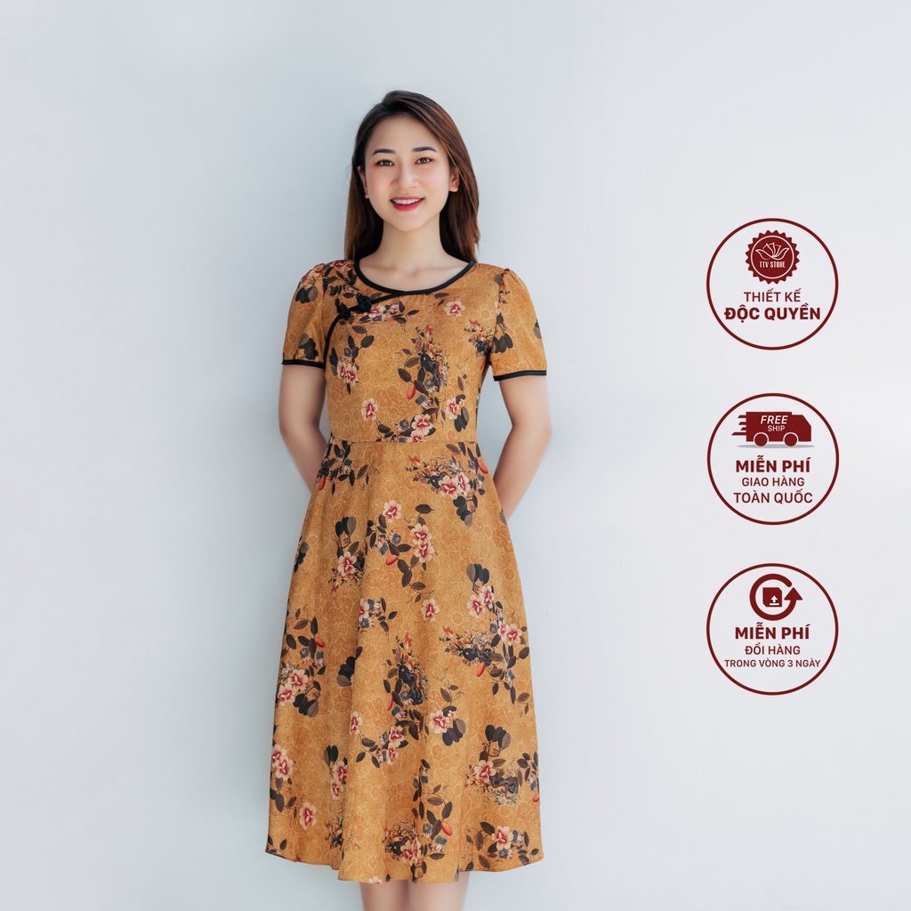 Đầm xoè hoa trung niên TTV1110 TTV Store thiết kế cách tân cổ tròn trung hoa tay ngắn màu vàng hoa