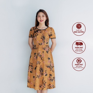Đầm xoè hoa trung niên TTV1110 TTV Store thiết kế cách tân cổ tròn trung hoa tay ngắn màu vàng hoa