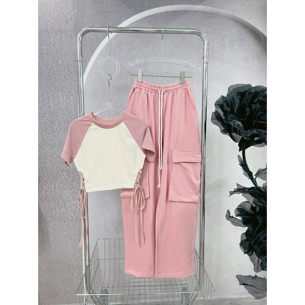 SET CROPTOP RAPLAN ĐAN DÂY EO QUẦN SUÔNG HỒNG TÚI HỘP (TH)