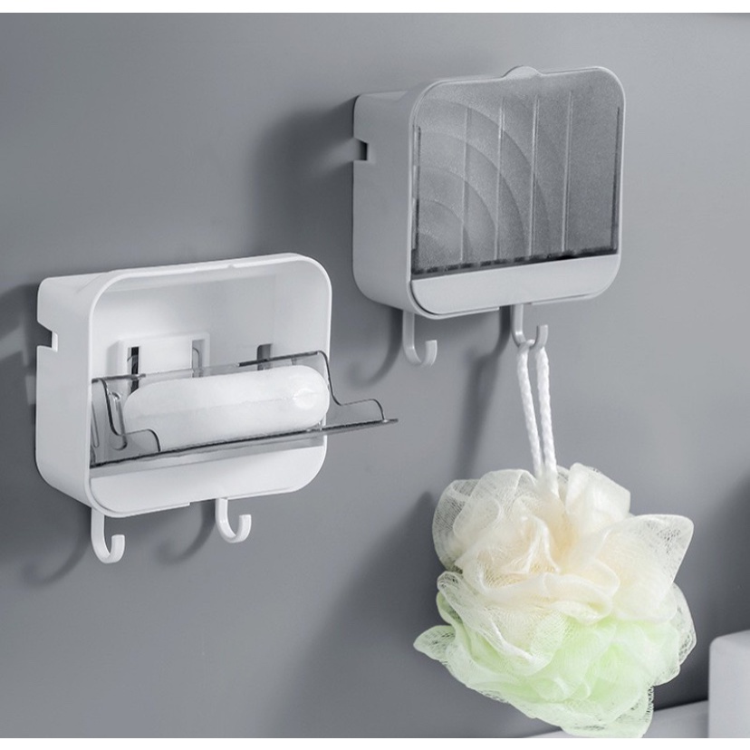 Hộp để xà bông phòng tắm có nắp dậy,hộp đựng xà phòng dán tường kèm móc treo tiện lợi H946
