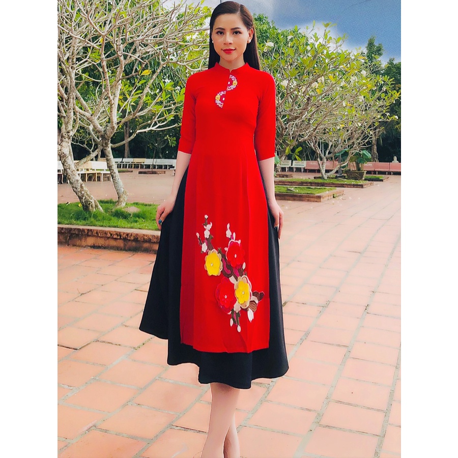 Bộ áo dài mẹ và bé đỏ gắn hoa thêu- M03