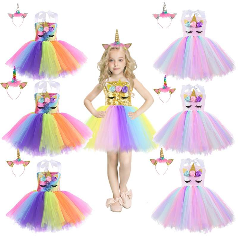 Unicorn girl Cosplay Girls Dress Rainbow Pattern Halloween Party Dress Hair Band Suit kid gift