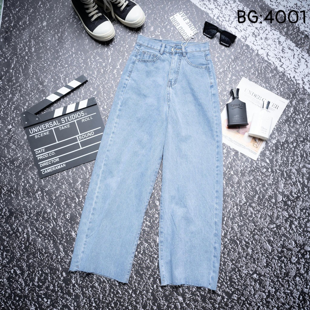 Quần Baggy Jean Nữ Suông Ống Rộng Lưng Siêu Cao Trơn Kiểu ULZZANG