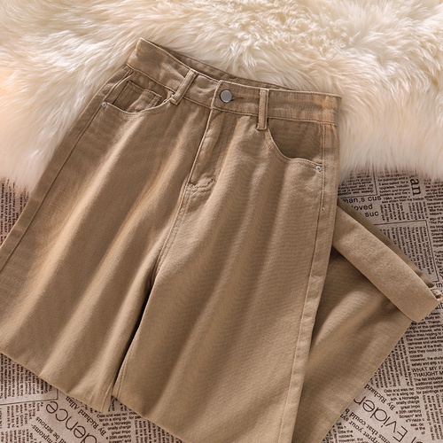 Quần jeans kaki nữ dáng suông ống rộng lưng cao màu nâu, xanh