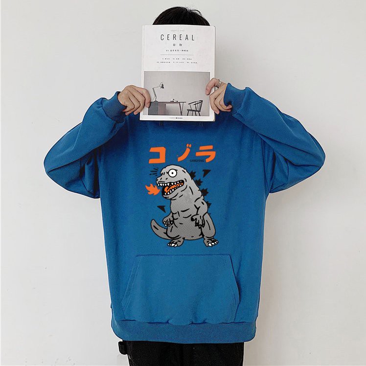 Áo hoodie nam nữ màu xanh in hình khủng long dễ thương dưới 65kg mặc vừa | BigBuy360 - bigbuy360.vn