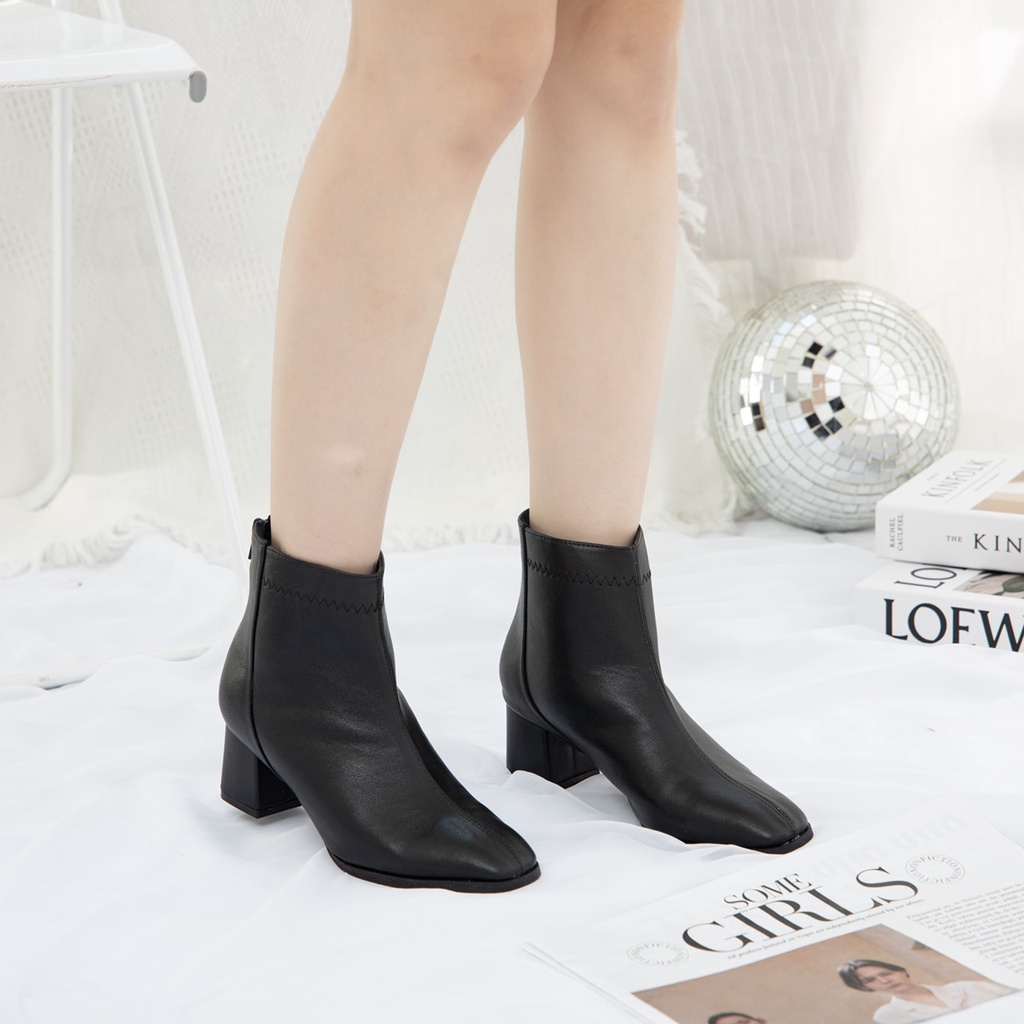 Giày Boots Nữ thời trang MWC Boots cổ thấp gót vuông 5p dáng bốt lửng màu đen phong cách hàn quốc NUBO-9103