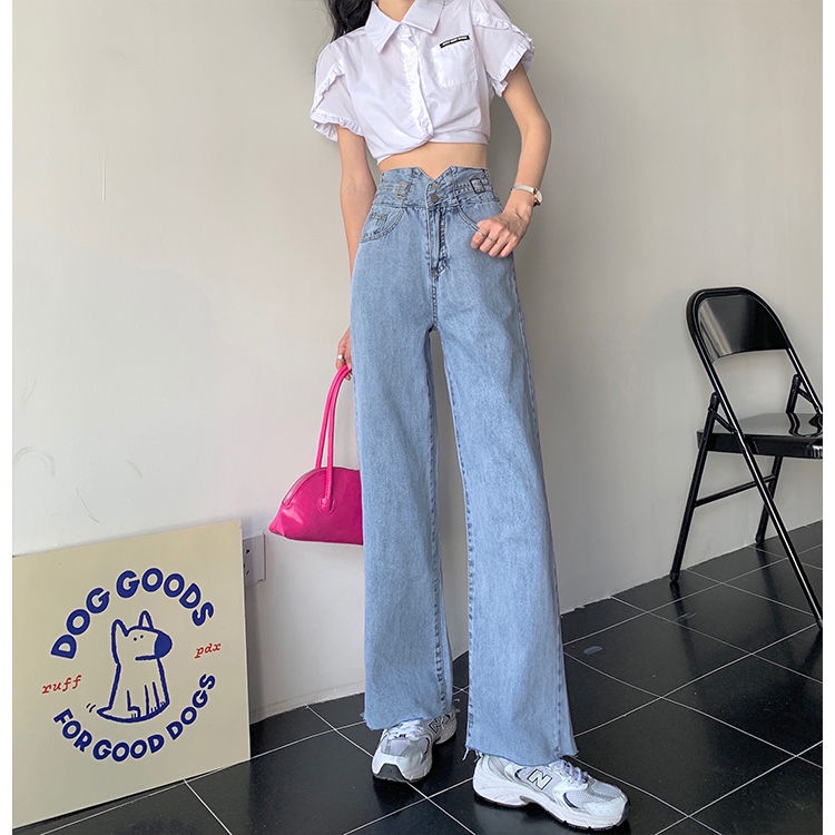 Quần Jean Ống Rộng Lưng Cao Thời Trang Hàn Quốc Cho Nữ