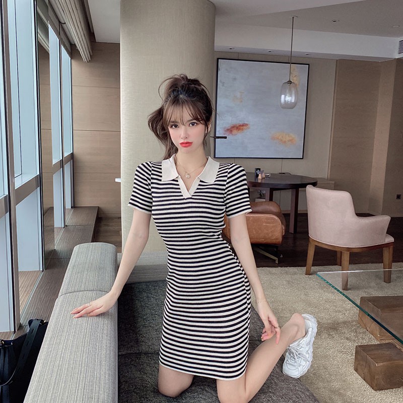 [Váy polo kẻ dệt kim] Đầm len dệt kim polo ôm body gợi cảm hàng quảng châu | BigBuy360 - bigbuy360.vn