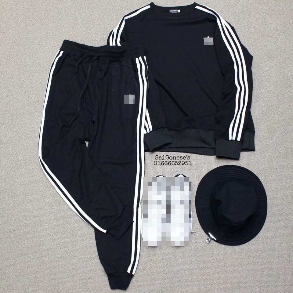 quần thể thao và áo sweater sọc trắng