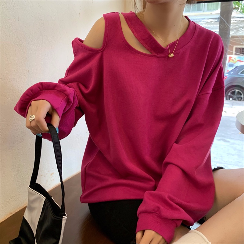 Áo Thun Tay Dài Cổ Tròn Hở Vai Dáng Rộng Thời Trang Mùa Thu Phong Cách Hàn Quốc 2 Màu Tùy Chọn Cho Nữ | BigBuy360 - bigbuy360.vn