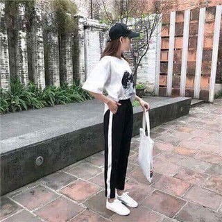Quần nữ Thể thao cá tính jogger phối sọc trắng siêu xinh Chất vải Mì Hàn màu đen Mặc thể dục tập gym ở nhà  Đi Học ་