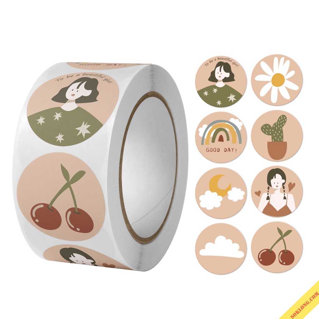 Cuộn 500 sticker tròn hoạt hình cute Cô gái, Gấu Thỏ TE03, decal nhãn dán trang trí bao bì dễ thương