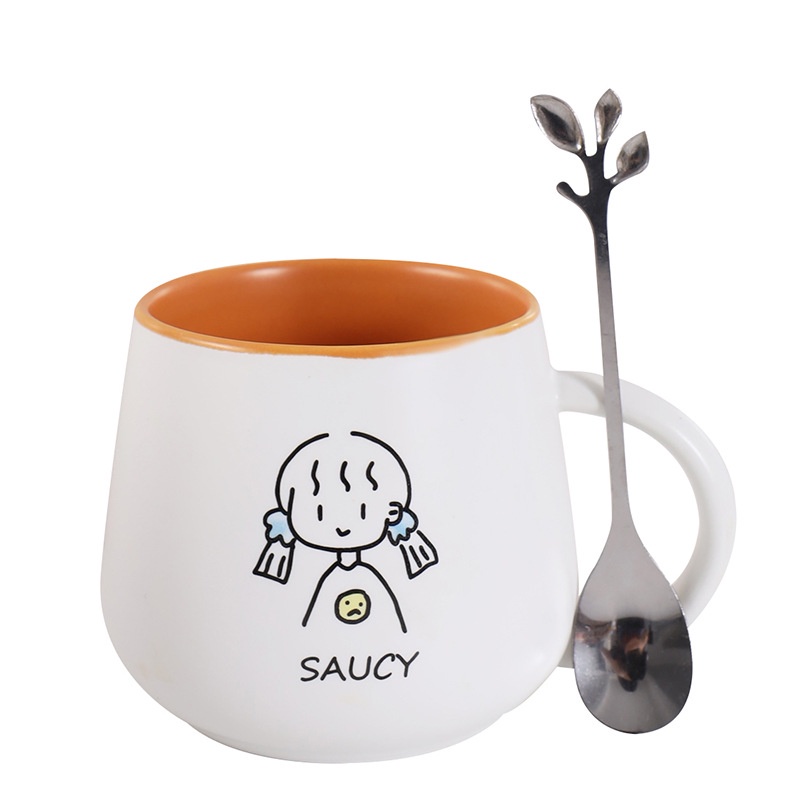 Ly Cốc sứ đôi hình hoạt hình dễ thương cặp đôi Boy- Girl màu Cam