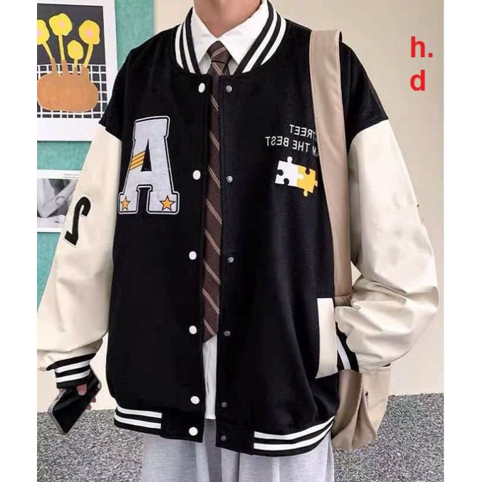 Áo Khoác Bomber A SAO cúc bấm nam nữJacket Unisex Chất nỉ vs gió Form &lt;55kgÁo Bóng Chày Phong cách Thể thao