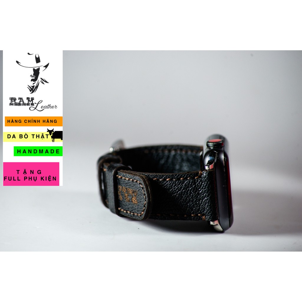 Dây đồng hồ Apple Watch , Iwatch , Iphone Watch Da Dê Đen Vân Alran RAM Leather 1955  Bền Đẹp